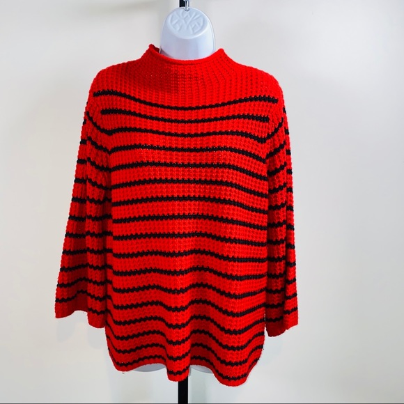 New Direction Red &  Black Stripe Mock Neck Knit Flare Sweater Size L - Picture 2 of 11